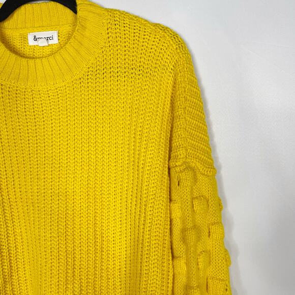 &merci Womens Small S Yellow Textured Chunky Knit Sweater Crew Neck Oversized - Picture 3 of 8